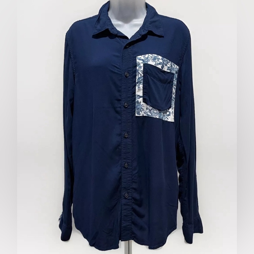 Guess Shirt Men's Small Slim Fit Button Shirt Navy Blue Floral Pocket Long Slv
